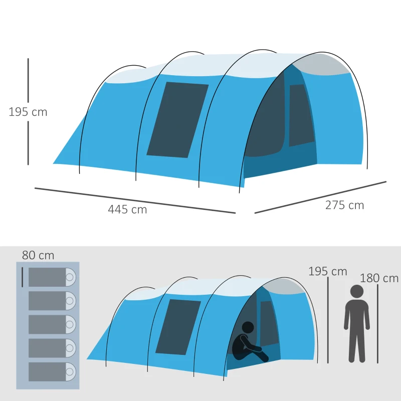 Outsunny Campingtent voor 5 personen, 2 kamers, verwijderbaar tussenschot, weerbestendig, incl. transporttas, blauw+zwart