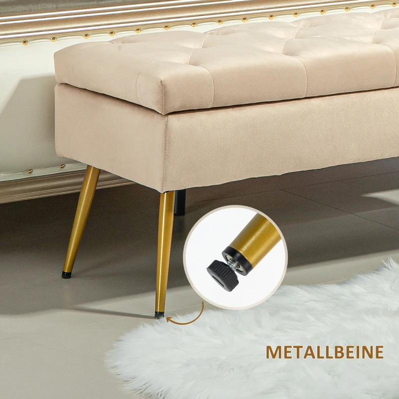 HOMCOM Bank met Opbergruimte, Gestoffeerde Bank met Deksel, Fluwelen Slaapkamerbank voor Hal, Slaapkamer of Woonkamer, Metalen Frame, 102 x 35 x 43 cm, Beige
