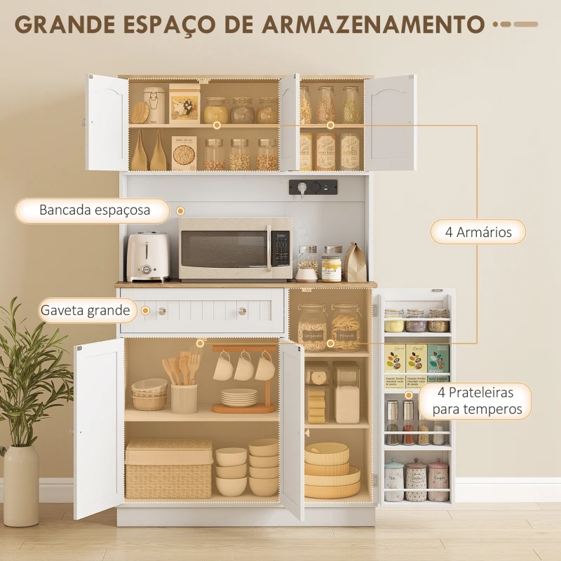 HOMCOM Armário de Cozinha Alto com Estação de Carregamento 6 Portas 1 Gaveta Prateleiras Ajustáveis 4 Prateleiras 100x40x173 cm Branco