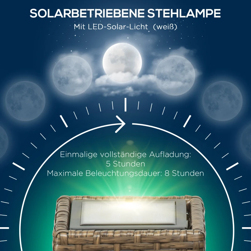 Outsunny Außenleuchte, Gartenlampe, Solarbetrieb, 8h Leuchtdauer, Einschaltautomatik, Rattanoptik, 15,5 x 15,5 x 46 cm