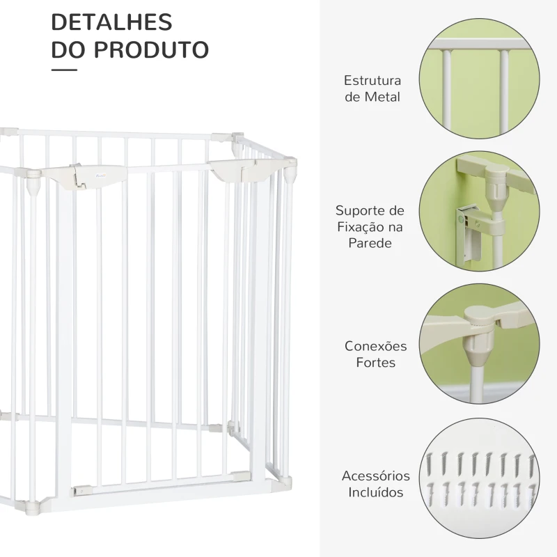 PawHut Barreira de Segurança para Animais de Estimação Barreira Dobrável de 5 Painéis com Fechadura Inteligente 300x74,5 cm Branco