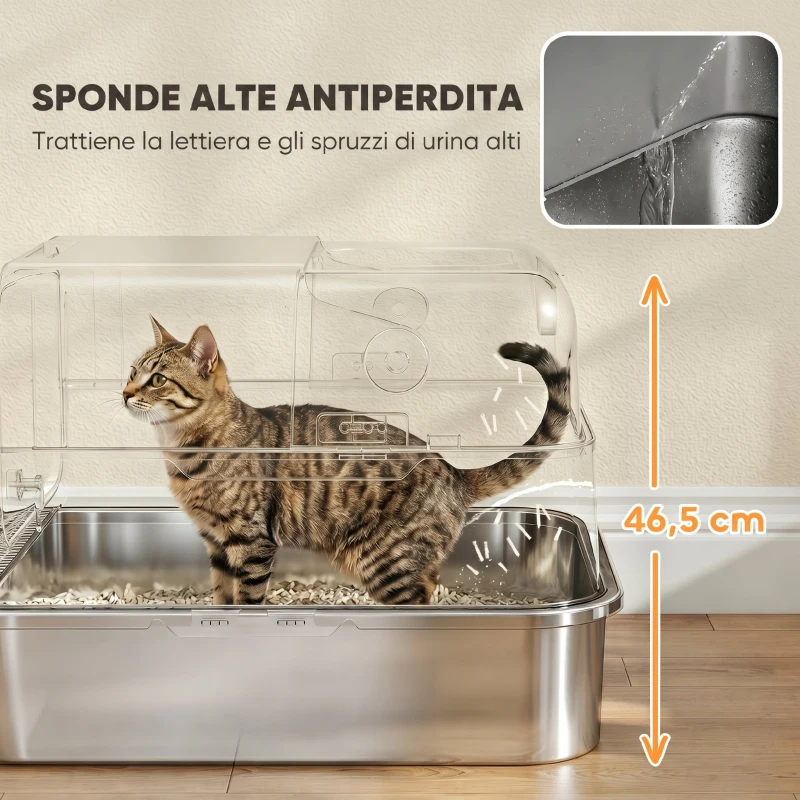 PawHut Lettiera Gatto Chiusa in Acciaio Inox 52L con Coperchio Ribaltabile, Doppia Porta, Paletta, Nero