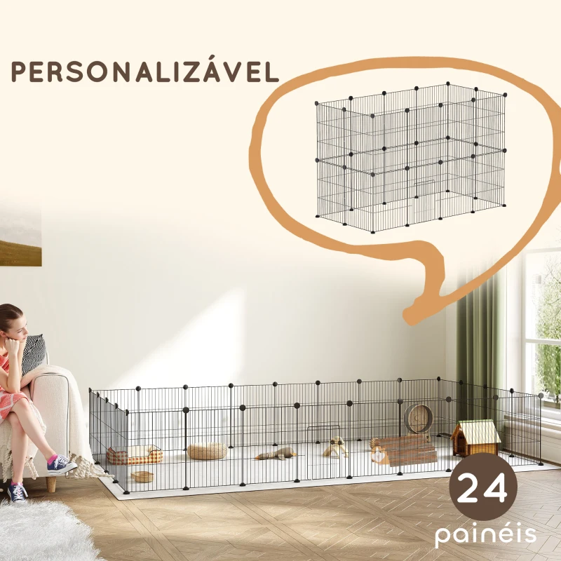 PawHut Recinto Metálico para Animais com 24 Painéis Recinto para Animais Pequenos Personalizável 120x60x80 cm Preto