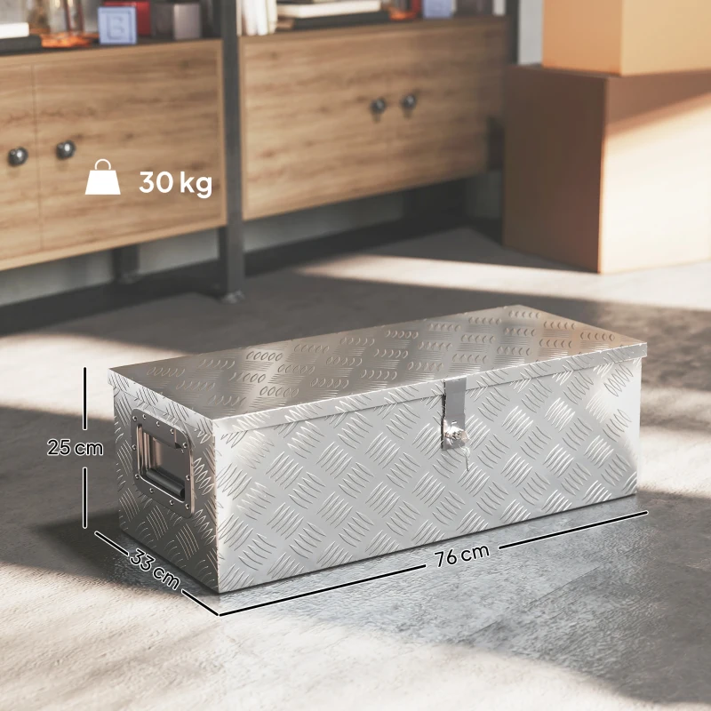 HOMCOM Caja de Herramientas de Aluminio con Asas Retráctiles Cierre con Llave y Gran Capacidad de Almacenaje 76x33x25 cm Plata