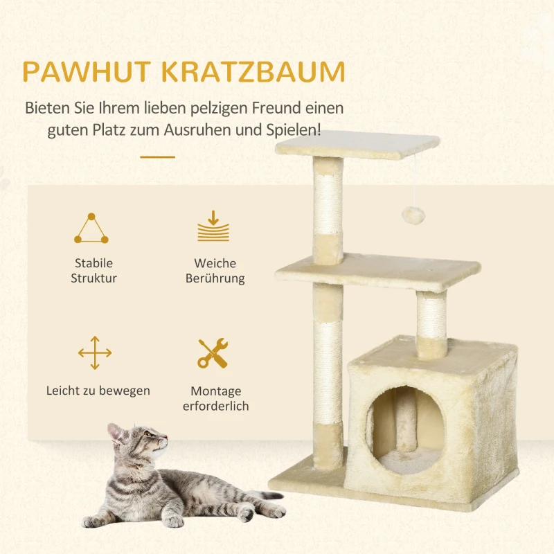 PawHut krabpaal met sisal krabpaal klimboom kattenmeubel krabplank met zacht pluche kattenspeelgoed stabiel E1 klasse spaanplaat beige 50 x 30 x 80 cm