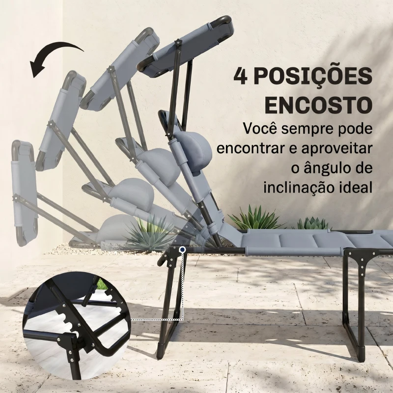Outsunny Espreguiçadeira Dobrável Espreguiçadeira de Jardim com Toldo Ajustável para Jardim Terraço Piscina 70x200x45 cm Cinza