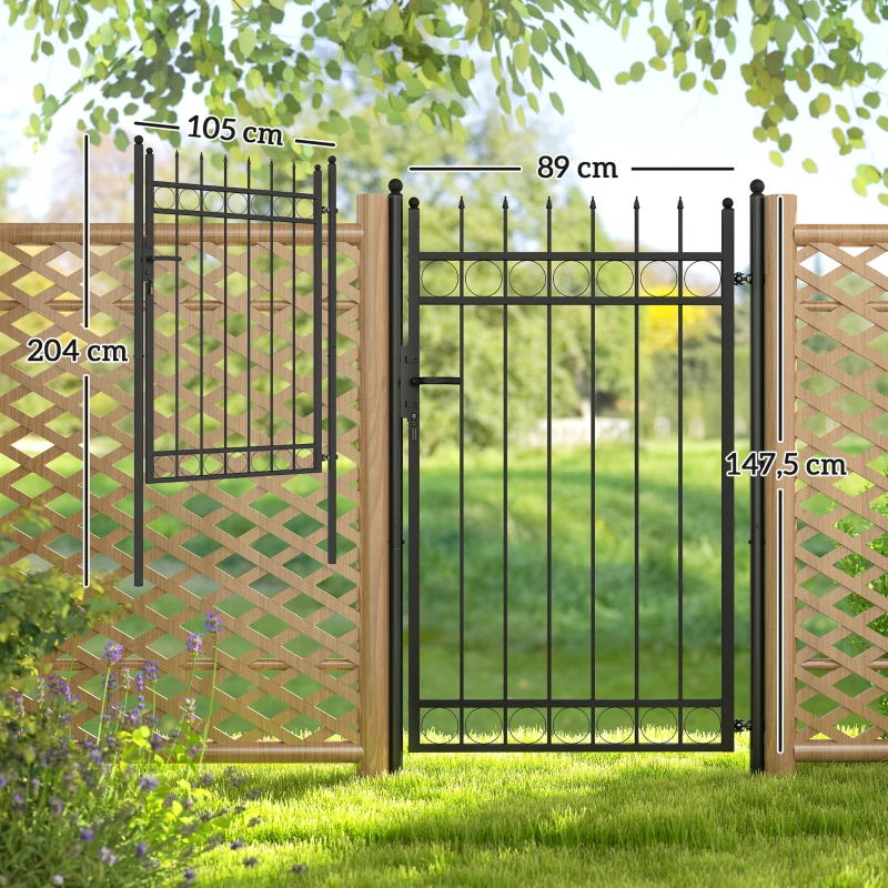 Outsunny Cancello Giardino a 2 Paletti con Maniglia, Lucchetto e 3 Chiavi, in Acciaio Zincato, 105x204 cm, Nero