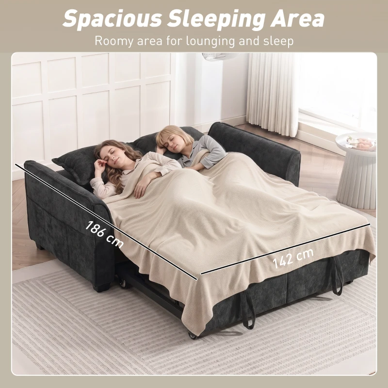 HOMCOM 2 Seater Sofa Bed, 4-in-1 L-Shaped Convertible Pull-Out Sleeper Sofa with Adjustable Backrest and Side Pockets, Black