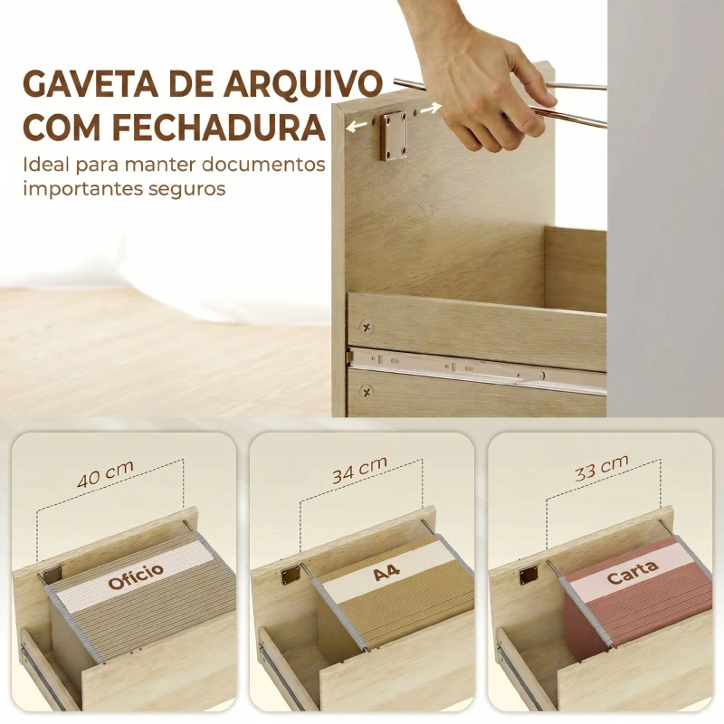 HOMCOM Secretária de Escritório com 4 Prateleiras e Gaveta de Arquivo A4 com Fechadura e 2 Chaves para Espaços Pequenos, Carvalho