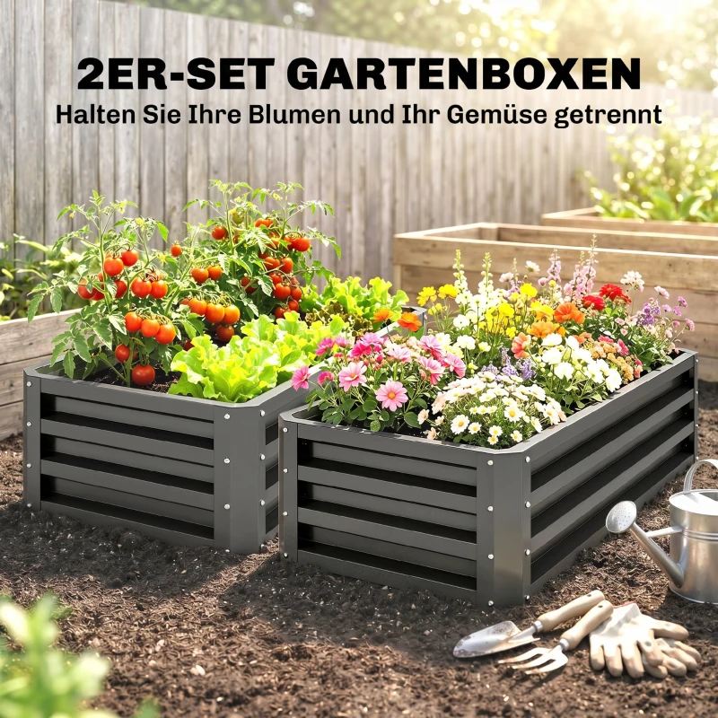 Outsunny Metalen Verhoogd Bed 2er-Set, Open Bodem, Voor Tuin Balkon, 110x50x30cm, Donkergrijs