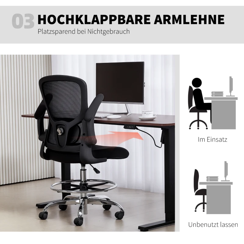HOMCOM Tekenstoel met lendesteun, hoogteverstelbaar, draaibaar, voor thuiswerk, studio, kunstprojecten, zwart(m-6)