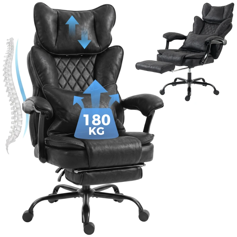 HOMCOM Executive Office Chair, Leathaire Big and Tall Office Chair 180 kg with Wide Seat, Reclining, Lumbar Support, Black