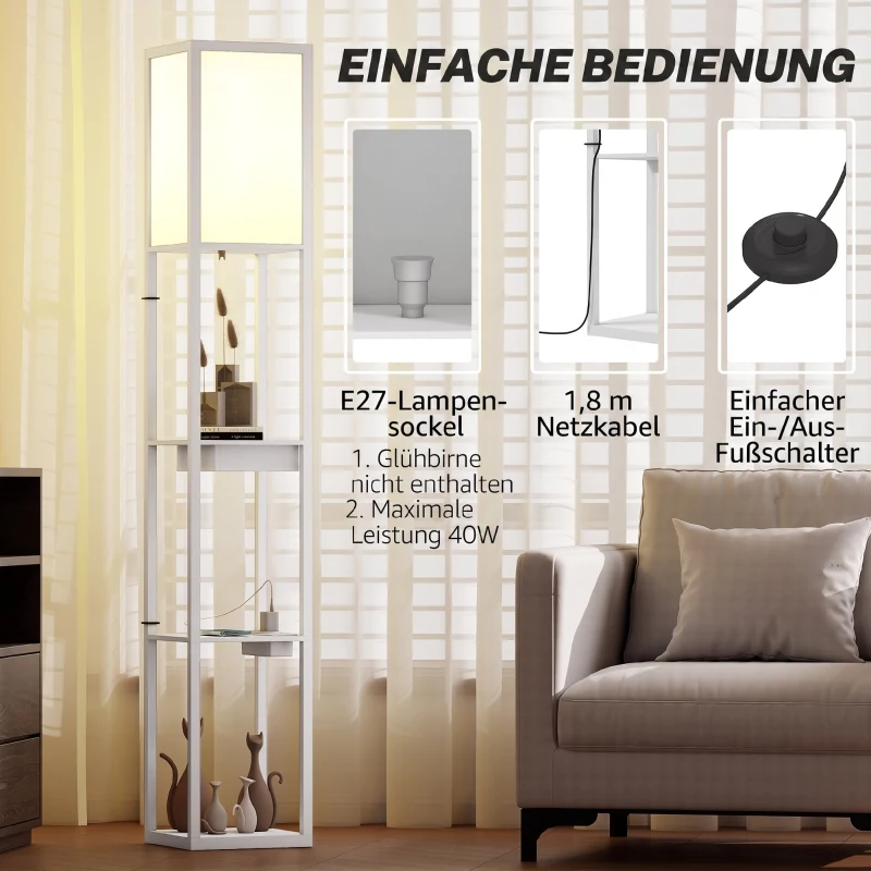 HOMCOM Stehlampe mit 3-stufigem Regal, Fußschalter, USB-Anschlüssen, MDF, Weiß