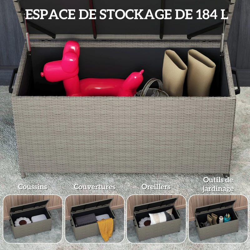 Outsunny Coffre de jardin en résine tressée coffre de rangement extérieur 184 L vérins à gaz, résistant aux UV 102x52x52cm gris