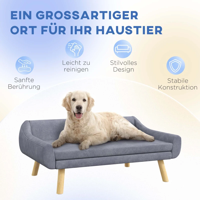 PawHut Hondenbank, Scandinavisch design, met afneembare bekleding in fluweelachtige stof, 102 cm x 58,5 cm x 42,5 cm, Grijs + Natuurlijk(m-5)