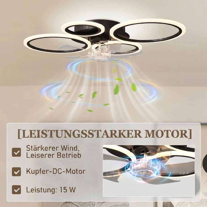 HOMCOM Deckenventilator mit Licht und Fernbedienung, 77 cm LED-Deckenventilator mit 3 Lichtfarben, 6 Geschwindigkeiten, Timer
