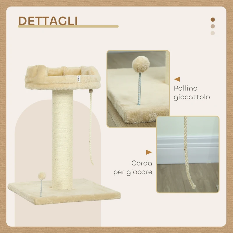 PawHut Albero Tiragraffi per Gatti con Lettino e Pallina in Peluche e Palo in Sisal 55x55x83cm Beige
