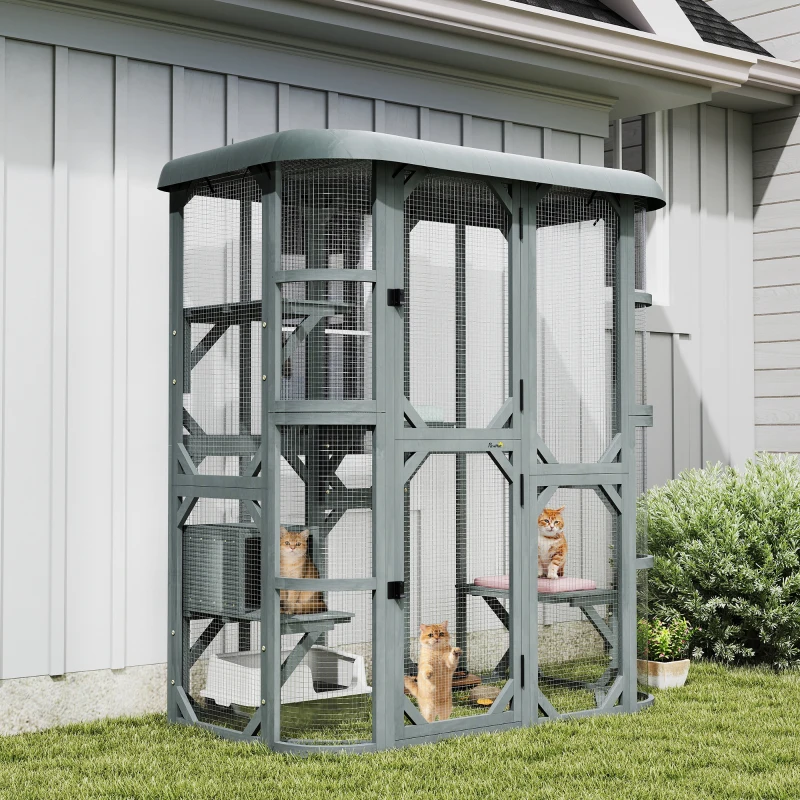 PawHut Catio Outdoor Cat Enclosure,  Wooden Cat House with Platforms, Condo and Waterproof Cover for 2–3 Kittens, Grey