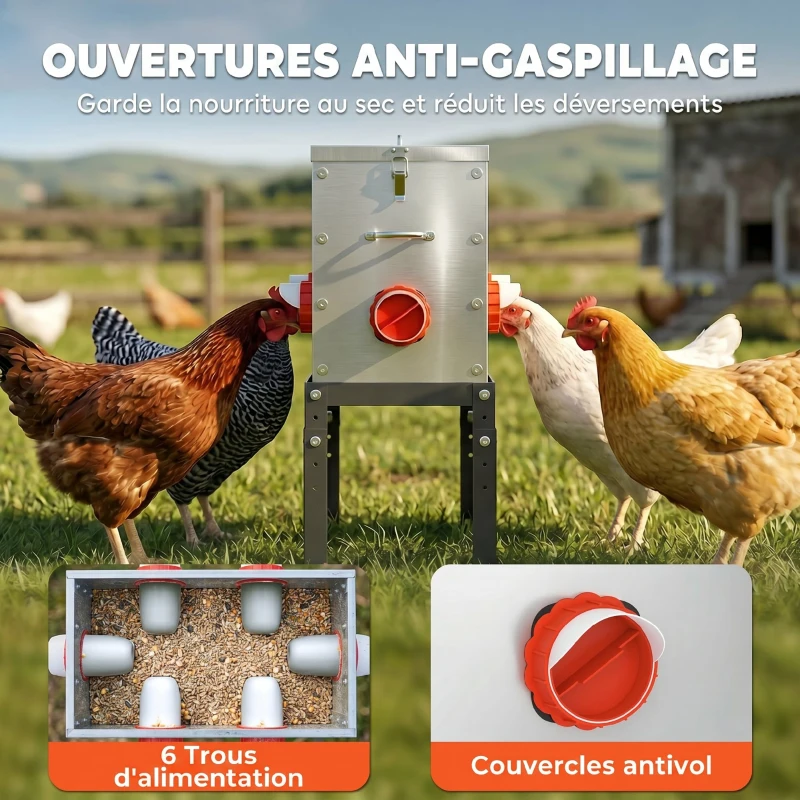 PawHut Mangeoire Automatique à Poulet 27L, 6 Ports, Hauteur Reglable, Couvercle Verrouillable, 42x25x55cm, Acier, Argent