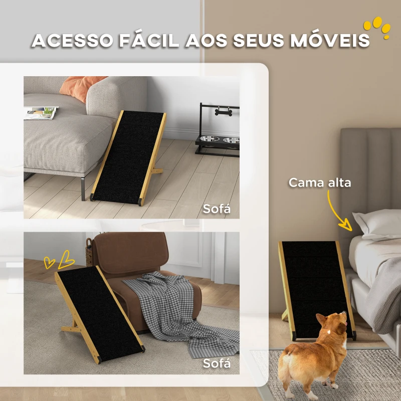 PawHut Rampa para Animais de Estimação de Madeira com Altura Ajustável em 4 Níveis para Cães Pequenos e Médios 83,5x35x47,5 cm Natural
