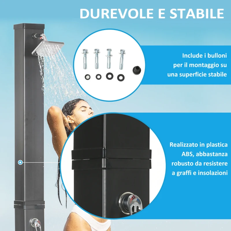 Outsunny Doccia Solare da Giardino 40L e Temperatura 60°C, Soffione Girevole e Rubinetto per Piedi, Nero