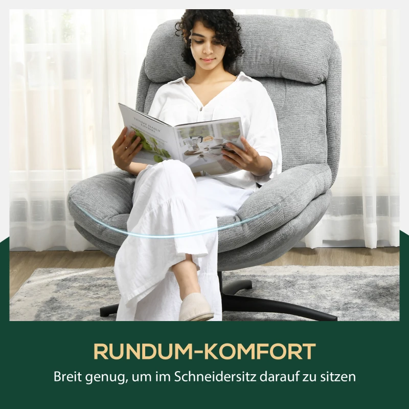 HOMCOM draaibare loungestoel voor de woonkamer, brede zitting, dikke kussens, comfortabele relaxstoel in chenille-look, waterafstotend, ideale leesstoel voor het slaapkamer, grijs