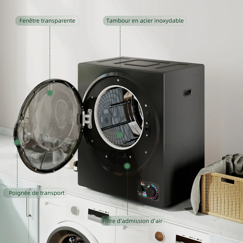 HOMCOM Sèche-linge électrique portable 850W, capacité 33L 4 modes de fonctionnement, acier inoxydable, 49 x 40,5 x 60 cm, noir