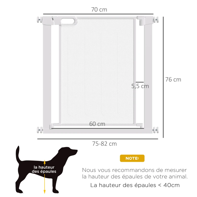 PawHut Barrière de sécurité pour animaux domestique avec fermeture automatique double verrouillage largeur 75-82 cm blanc