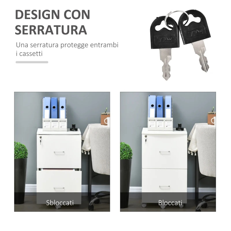 Vinsetto Armadietto da Ufficio con 2 Cassetti e 5 Ruote, Schedario in MDF e Truciolato, 43x45x72 cm, Bianco