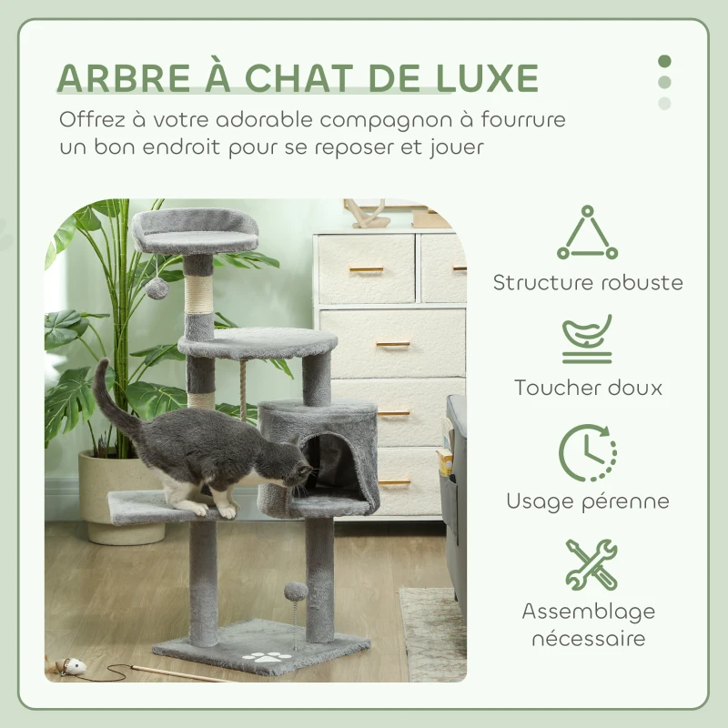 PawHut Arbre à chats multi-équipements griffoirs grattoirs plateformes niche corde jouets 40 x 40 x 114 cm gris