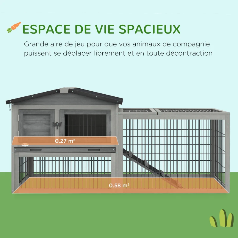 PawHut Clapier de sol cage à lapin cottage niche supérieure avec rampe enclos extérieur 150 x 52 x 68 cm gris