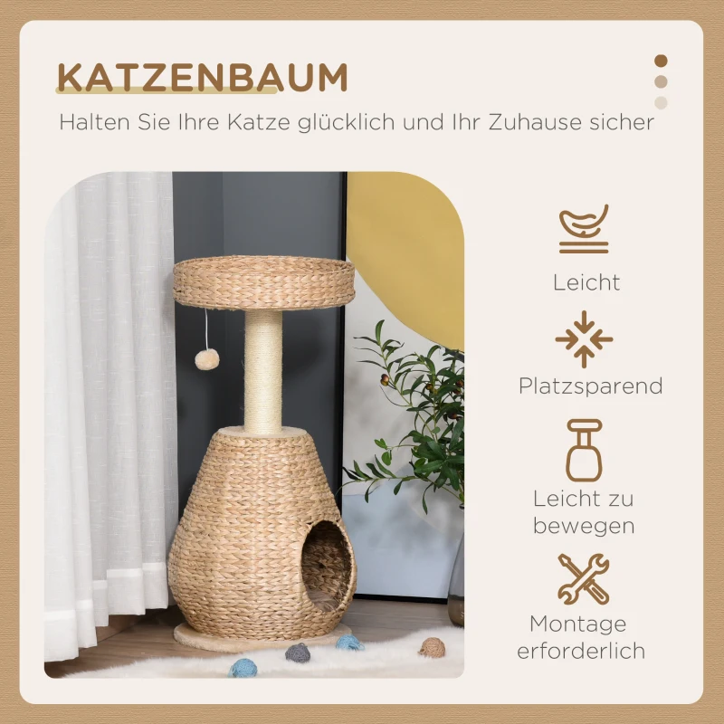 PawHut kattenboom krabpaal met kattengrot sisal hoogte 82,5 cm zacht pluche geel