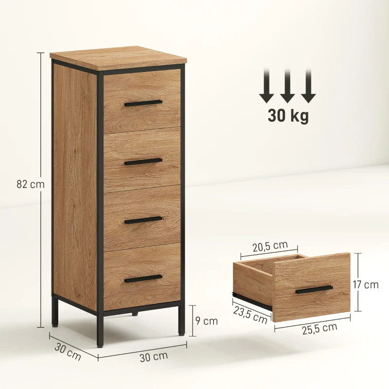 HOMCOM Armário de Casa de Banho Móvel para Casa de Banho Estreito com 4 Gavetas e Estrutura em Aço 30x30x82 cm Madeira e Preto