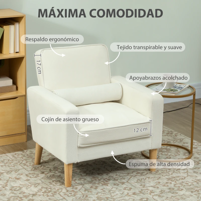 HOMCOM Butaca de Salón Tapizado en Terciopelo Sillón de Lectura con Asiento con Botones y Patas de Madera para Dormitorio Crema