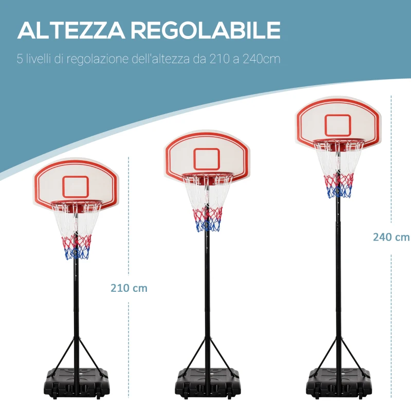 HOMCOM Canestro Basket da Interno ed Esterno Portatile con Altezza Regolabile 5 Livelli 175-215cm, Canestro da Basket con Ruote, Struttura Metallo e Base Riempibile, Tabellone PE