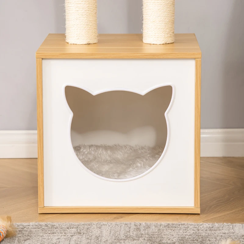 PawHut Casetta per Gatti con Pali Tiragraffi in Sisal, Cuscini Lavabili e Pallina, 35x35x81cm, Quercia
