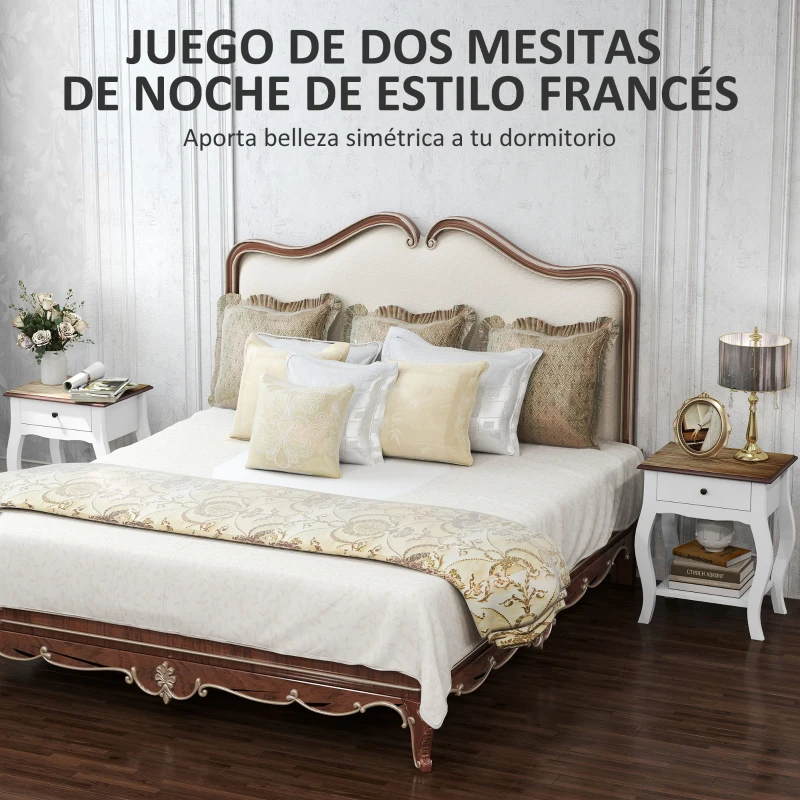 HOMCOM Pack de 2 Mesitas de Noche con Cajón Estante Abierto y Tapa Efecto Roble Estilo Francés 45x35x55 cm Blanco y Roble