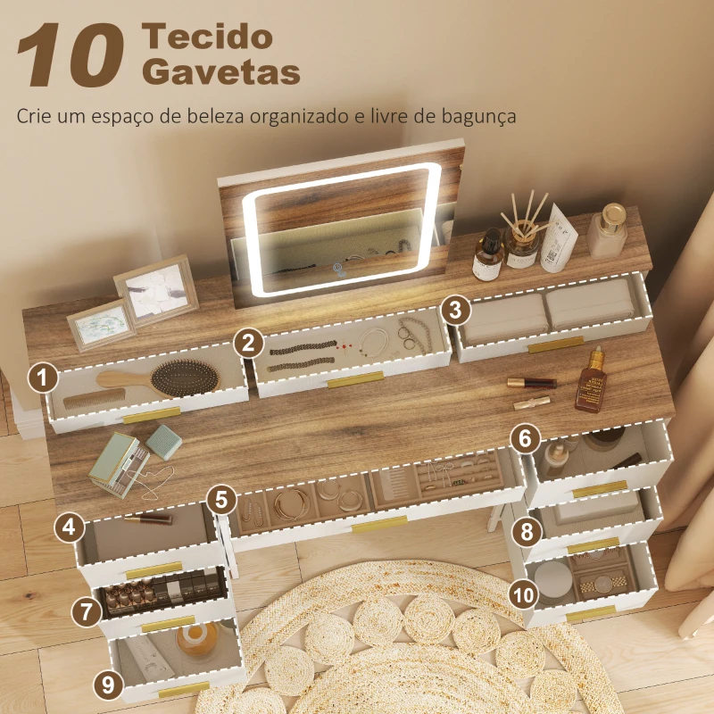 HOMCOM Toucador com Luzes LED de 3 Cores Espelho 10 Gavetas de Tecido e Pés em Aço 118,5x39,5x140 cm Madeira