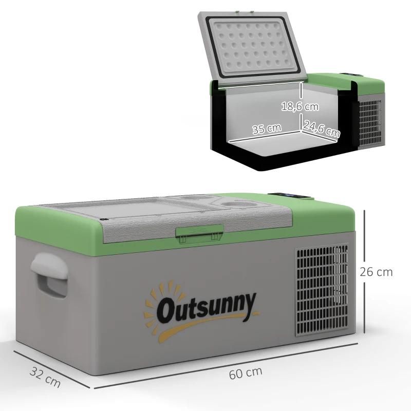Outsunny Auto Koelkast, Koelbox, 16L, -20℃ tot 10℃, ECO/MAX, 60x32x26cm, Groen/Grijs