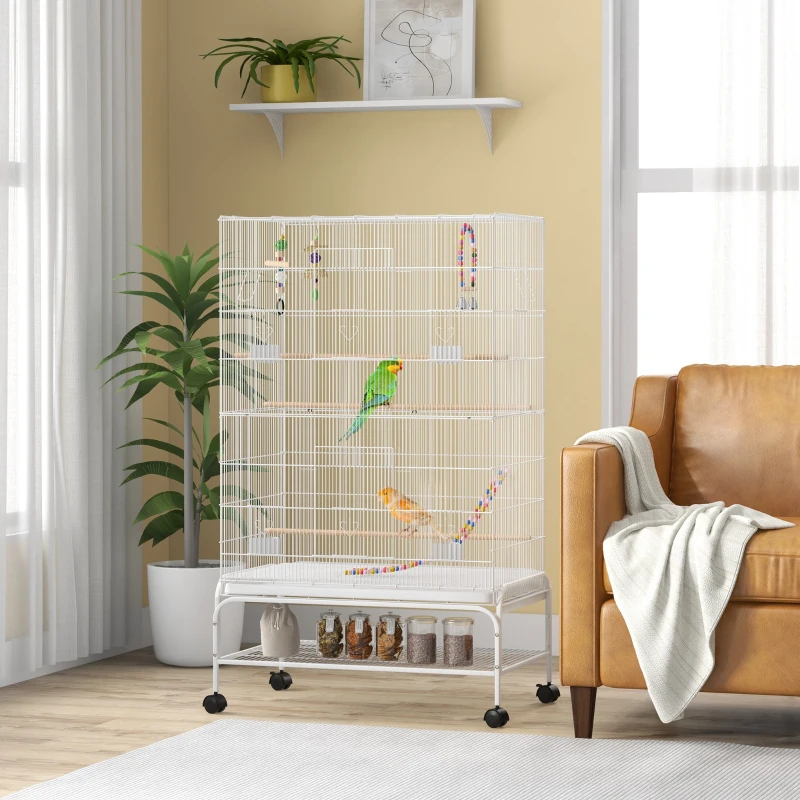 PawHut Gaiola para Pássaros com Rodas com 4 Comedouros 3 Poleiros Brinquedos Bandeja Amovível e Prateleira 79x49x133 cm Branco