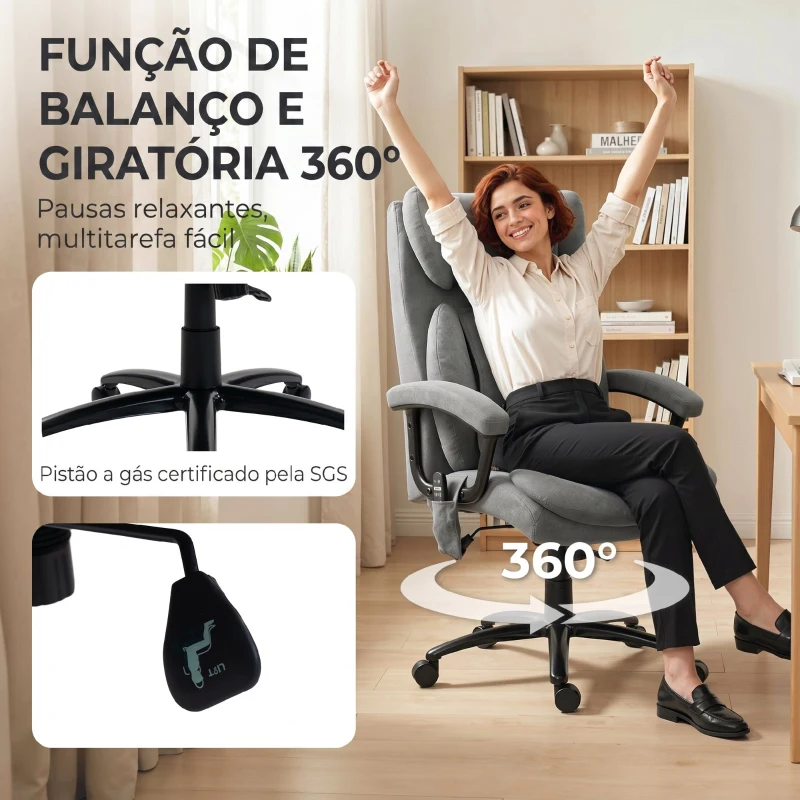 HOMCOM Cadeira de Escritório com Massagem de Amassamento em 4 Pontos Encosto Alto Altura Ajustável Assento Amplo Almofada Lombar Cinzento