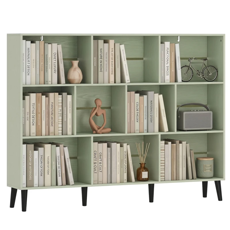 HOMCOM 10-Cube Bookcase, 3-Tier Book Shelf with Solid Wood Legs, 140 cm Modern Bookshelf with Anti-Tip Kit, Light Green