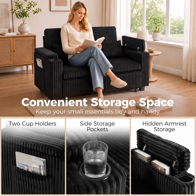 HOMCOM 2 Seater Sofa Bed, Pull Out Sleeper Sofa w/ Adjustable Backrest, Storage Armrests, Cup Holders, Side Pockets, Black