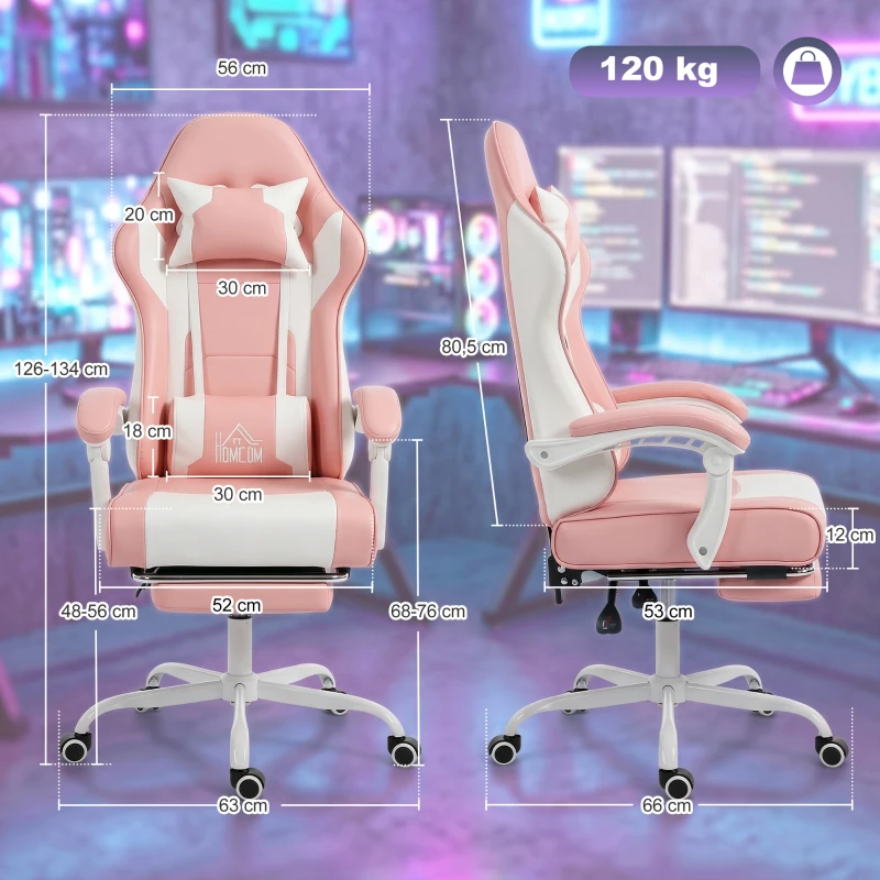 HOMCOM Cadeira Gaming Reclinável 155° com Suporte Lombar com Massagem Apoio de Cabeça e Apoio para os Pés 63x66x126-134 cm Rosa