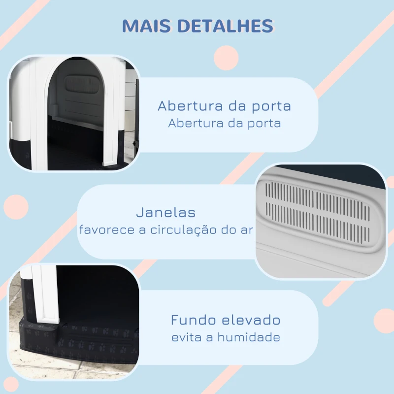 PawHut Casa para Cães Mini de Exterior em Plástico com 3 Janelas Base Elevada Telhado Inclinado 64,5x57x66 cm Cinzento Escuro
