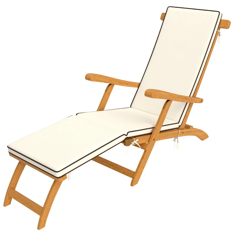 Outsunny Opvouwbare Houten Zonnebed Tuinligstoel met Voetensteun, Matras, tot 160 kg Belastbaar Teak