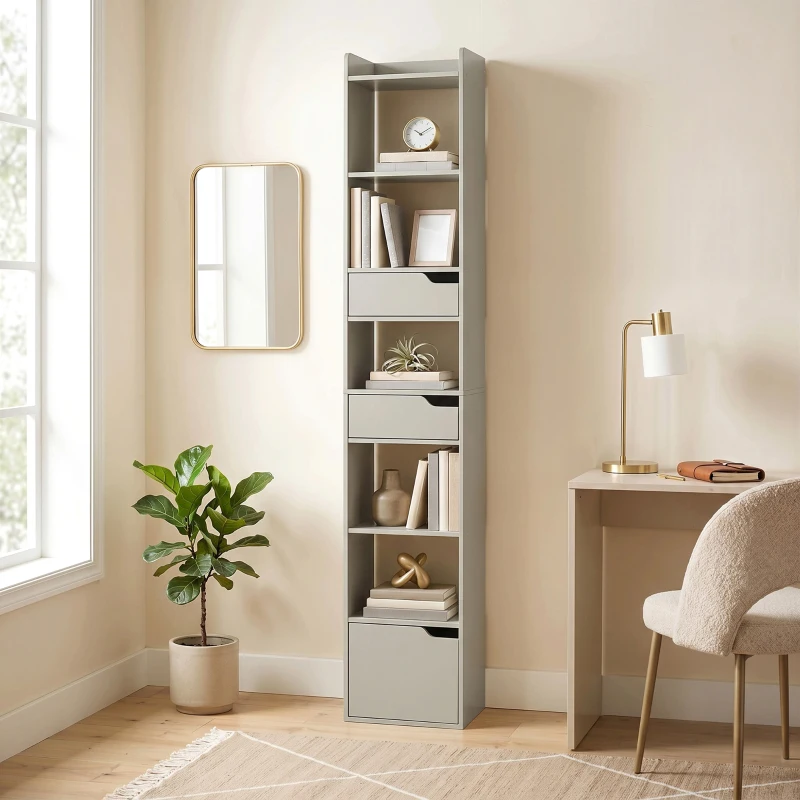 HOMCOM Bookcase Tall Narrow with 5 Tiers and Drawers Freestanding Bookshelf Storage Cabinet for Living Room Grey