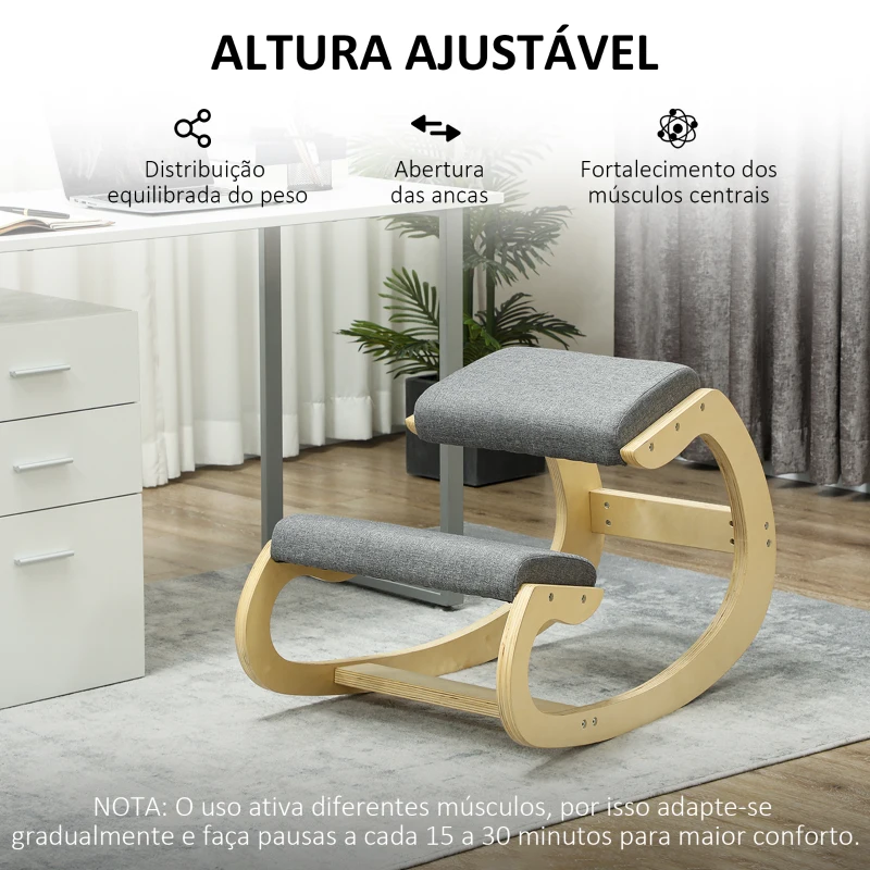 HOMCOM Cadeira Ergonómica de Joelhos com Almofadas Acolchoadas Estrutura de Madeira para Melhor Postura Escritório 55x85x55 cm Cinzento