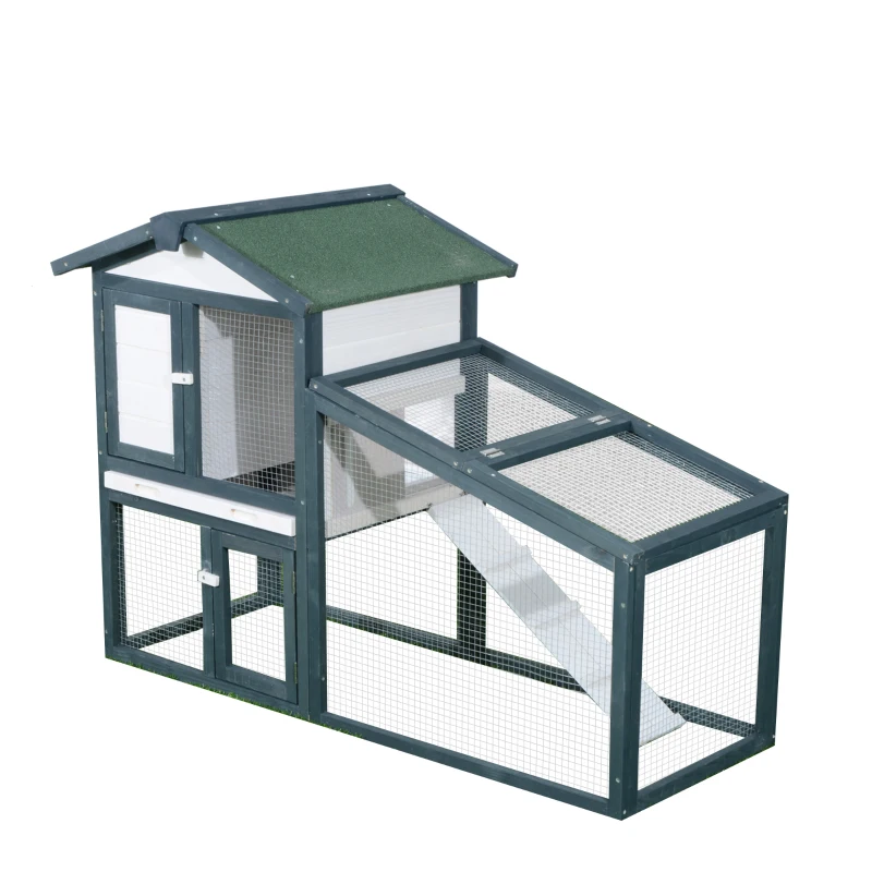 PawHut Conejera de Madera Exterior Jaula para Conejos de 2 Niveles con Bandeja Extraíble y Múltiples Entradas Techo de Asfalto Cobayas Gallinas 140x65x100 cm Verde