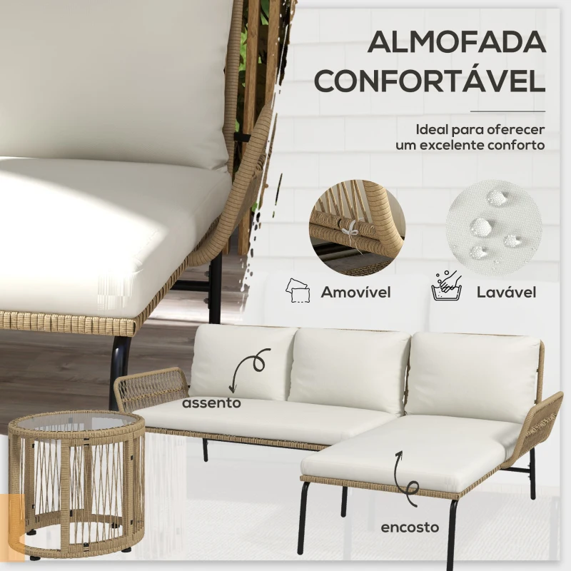 Outsunny Conjunto de Móveis de Jardim em Vime com Sofá de 2 Lugares Chaise Longue Almofadas e Mesa Auxiliar Creme e Madeira